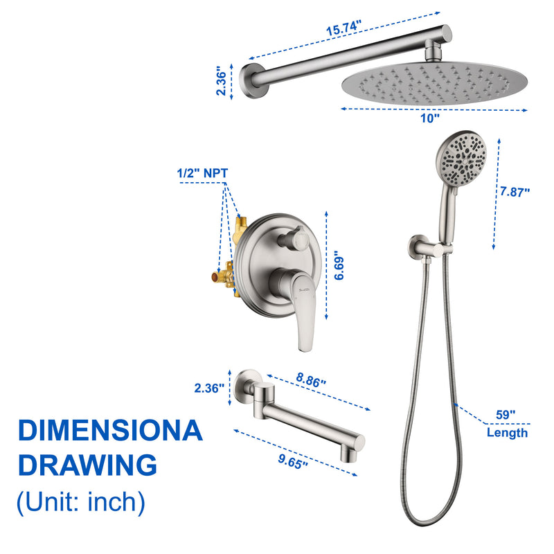 Shower Faucet Set with Tub Spout Luxury Tub Shower Faucet Combo Set with 10 inches Shower Head and 7-mode Handheld Shower Bathroom Shower Valve Trim Kit Shower Fixture
