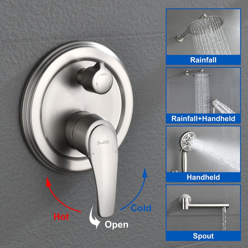 Shower Faucet Set with Tub Spout Luxury Tub Shower Faucet Combo Set with 10 inches Shower Head and 7-mode Handheld Shower Bathroom Shower Valve Trim Kit Shower Fixture