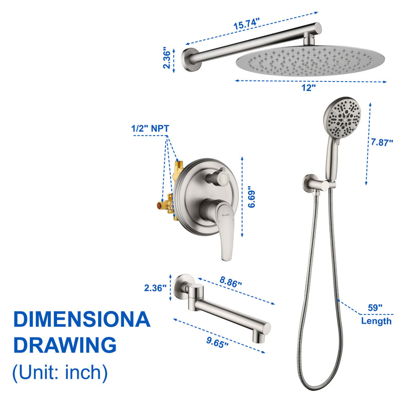 3 Functions Rain Shower Faucet, 12-inch Round Shower Head Set with 7-Spray Shower Head & 180 Degree Swivel Spout