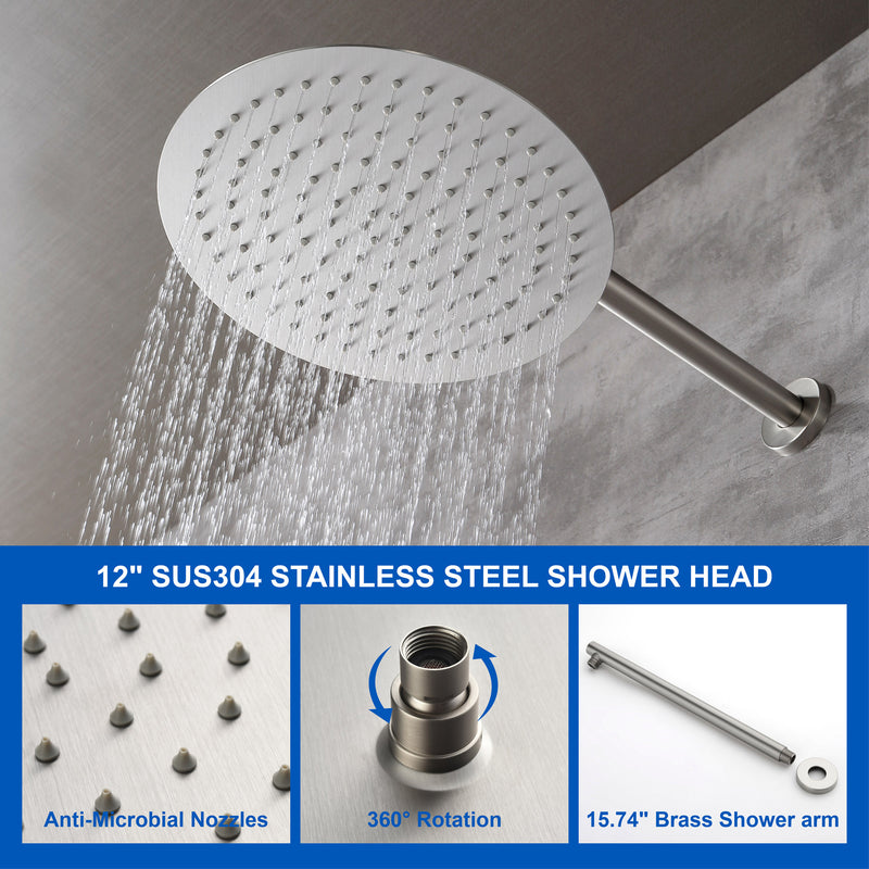 3 Functions Rain Shower Faucet, 12-inch Round Shower Head Set with 7-Spray Shower Head & 180 Degree Swivel Spout