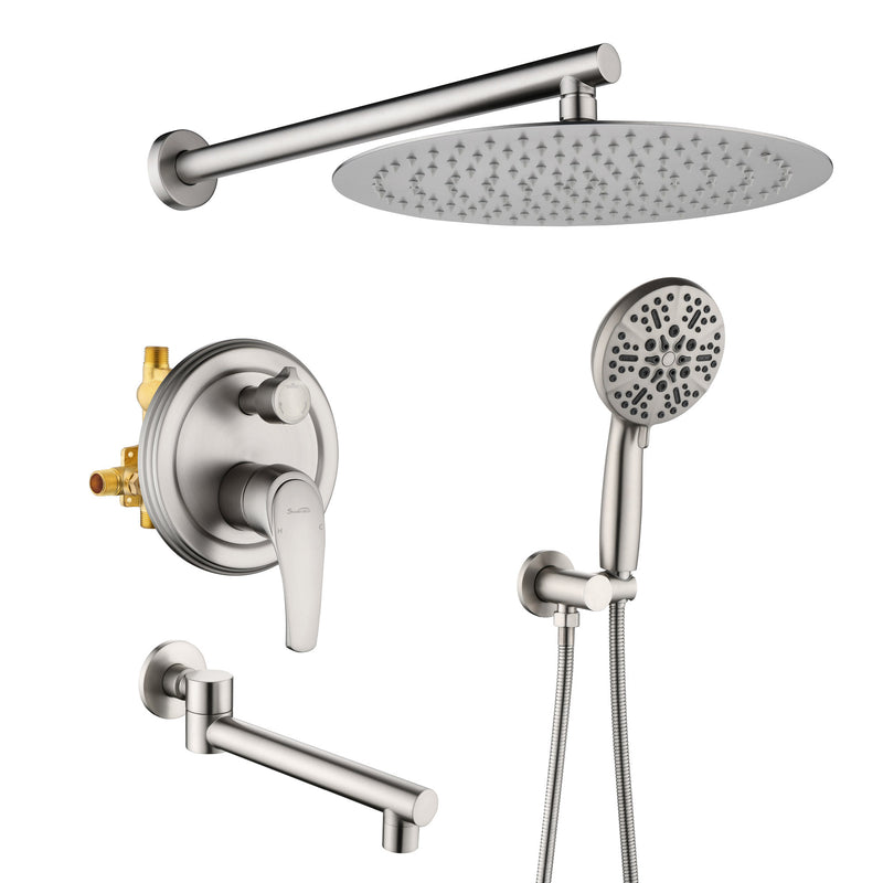 3 Functions Rain Shower Faucet, 12-inch Round Shower Head Set with 7-Spray Shower Head & 180 Degree Swivel Spout