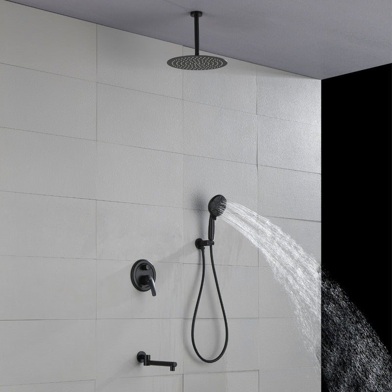Celling Mounted Tub & Shower Faucet Set Round 12inch Bathroom Rain Shower System with 7 Setting Handheld Shower and 180 Swivel Rotating Tub Spout