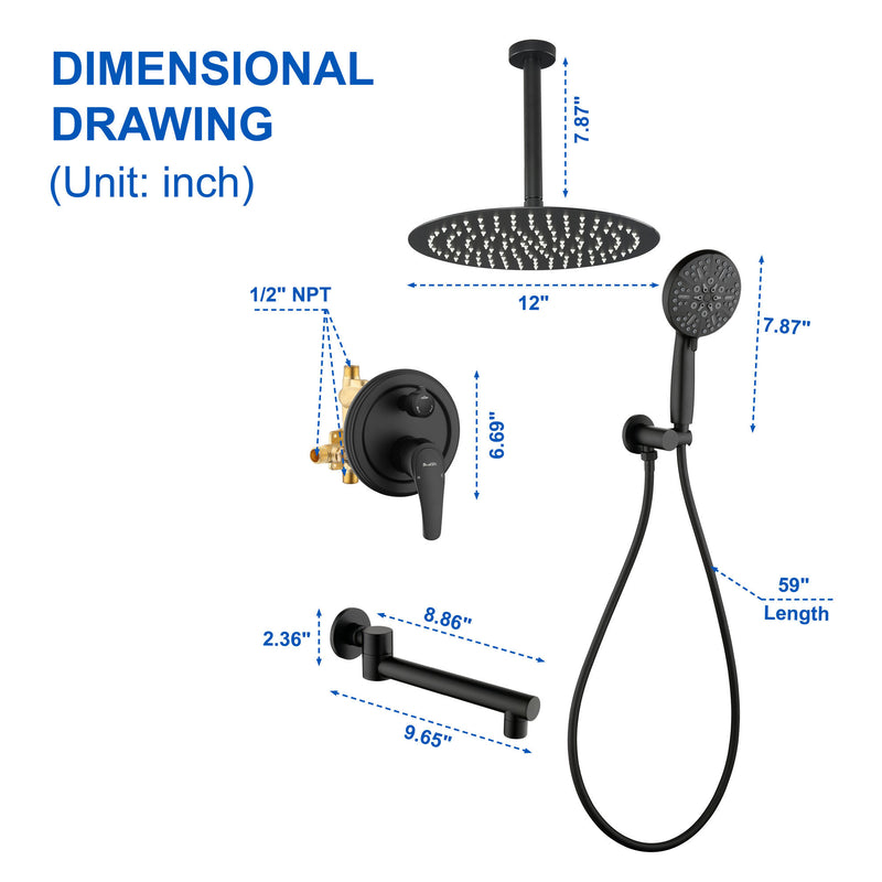 Celling Mounted Tub & Shower Faucet Set Round 12inch Bathroom Rain Shower System with 7 Setting Handheld Shower and 180 Swivel Rotating Tub Spout