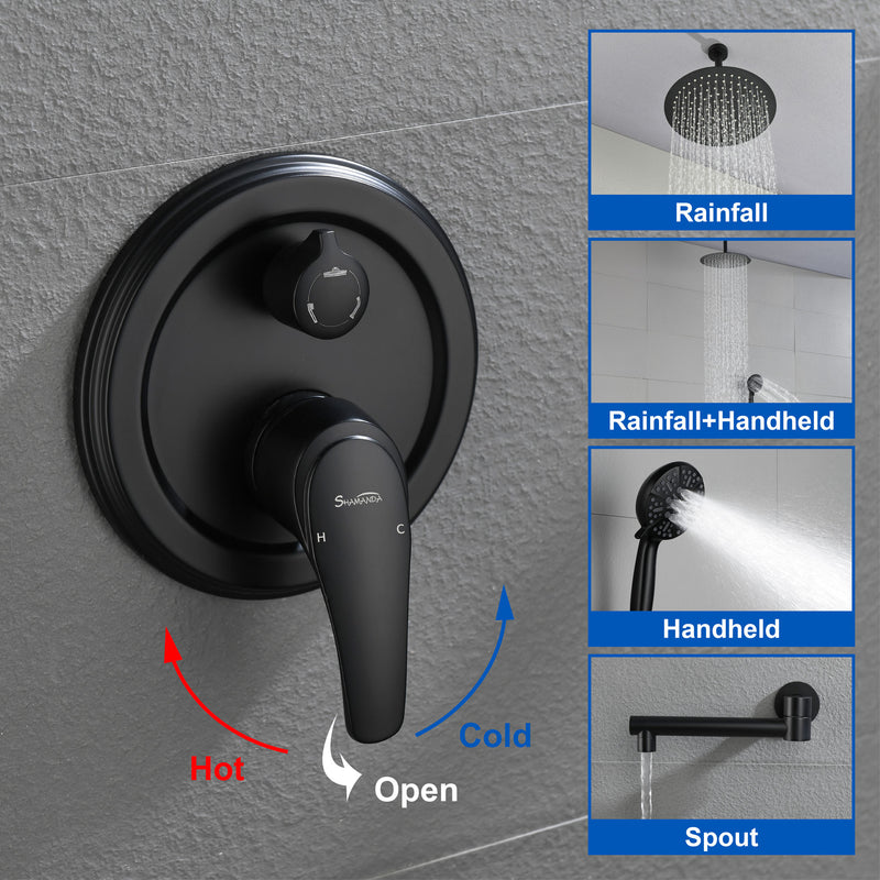 Celling Mounted Tub & Shower Faucet Set Round 12inch Bathroom Rain Shower System with 7 Setting Handheld Shower and 180 Swivel Rotating Tub Spout