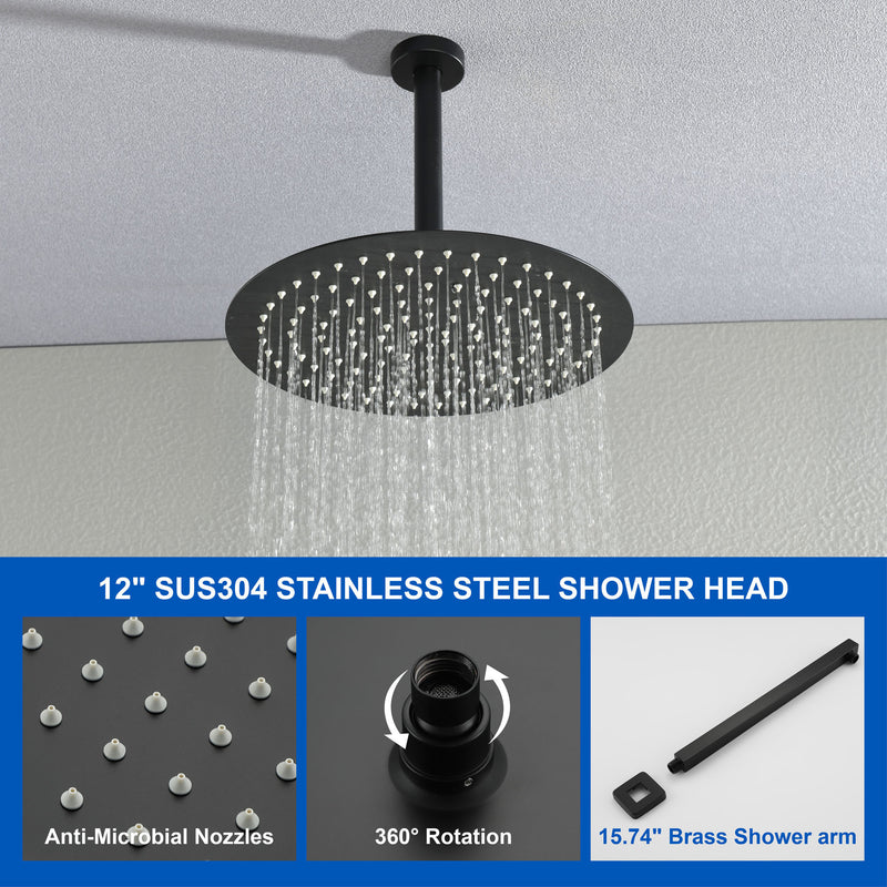 Celling Mounted Tub & Shower Faucet Set Round 12inch Bathroom Rain Shower System with 7 Setting Handheld Shower and 180 Swivel Rotating Tub Spout
