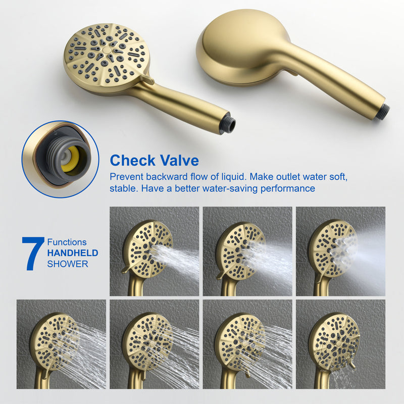Celling Mounted Tub & Shower Faucet Set Round 12inch Bathroom Rain Shower System with 7 Setting Handheld Shower and 180 Swivel Rotating Tub Spout