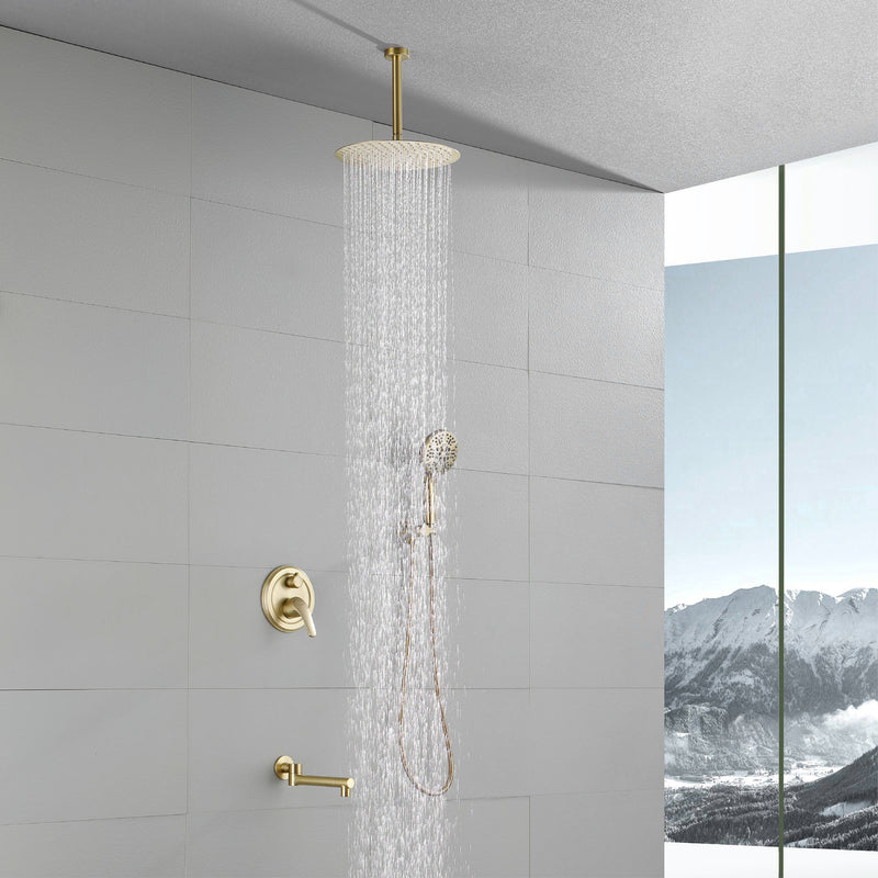 Celling Mounted Tub & Shower Faucet Set Round 12inch Bathroom Rain Shower System with 7 Setting Handheld Shower and 180 Swivel Rotating Tub Spout