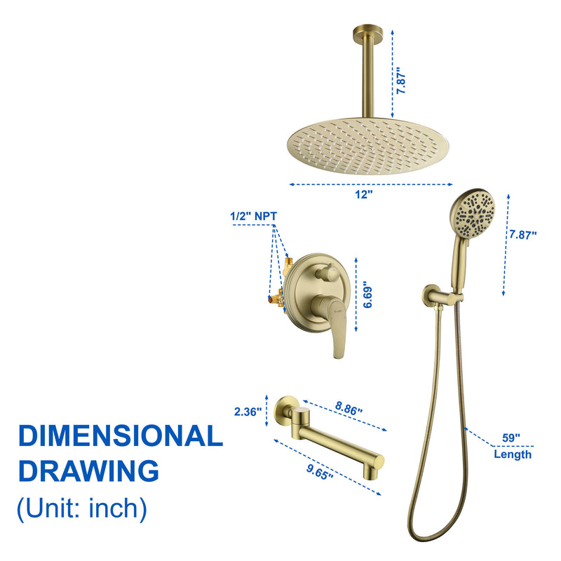 Celling Mounted Tub & Shower Faucet Set Round 12inch Bathroom Rain Shower System with 7 Setting Handheld Shower and 180 Swivel Rotating Tub Spout
