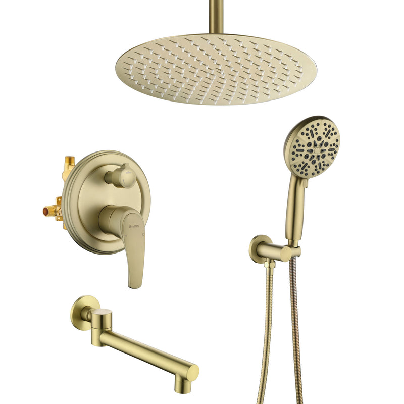 Celling Mounted Tub & Shower Faucet Set Round 12inch Bathroom Rain Shower System with 7 Setting Handheld Shower and 180 Swivel Rotating Tub Spout