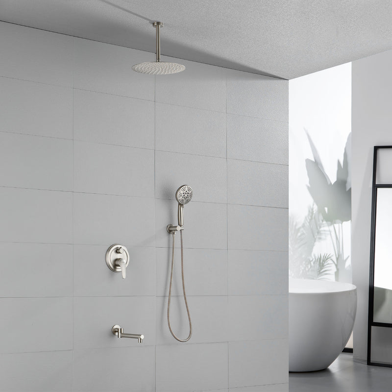Celling Mounted Tub & Shower Faucet Set Round 12inch Bathroom Rain Shower System with 7 Setting Handheld Shower and 180 Swivel Rotating Tub Spout