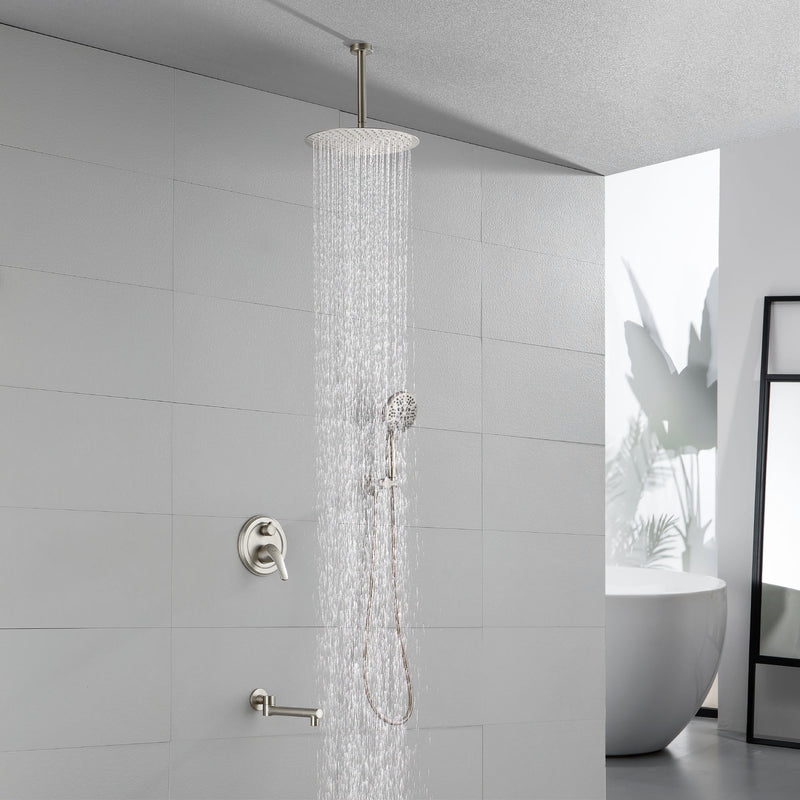 Celling Mounted Tub & Shower Faucet Set Round 12inch Bathroom Rain Shower System with 7 Setting Handheld Shower and 180 Swivel Rotating Tub Spout