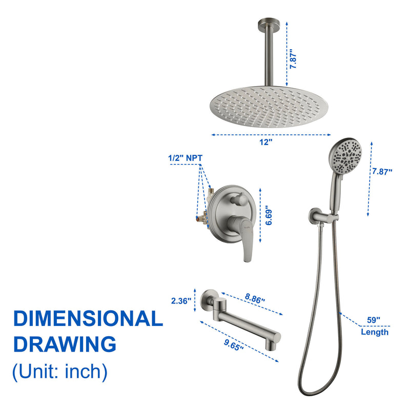 Celling Mounted Tub & Shower Faucet Set Round 12inch Bathroom Rain Shower System with 7 Setting Handheld Shower and 180 Swivel Rotating Tub Spout