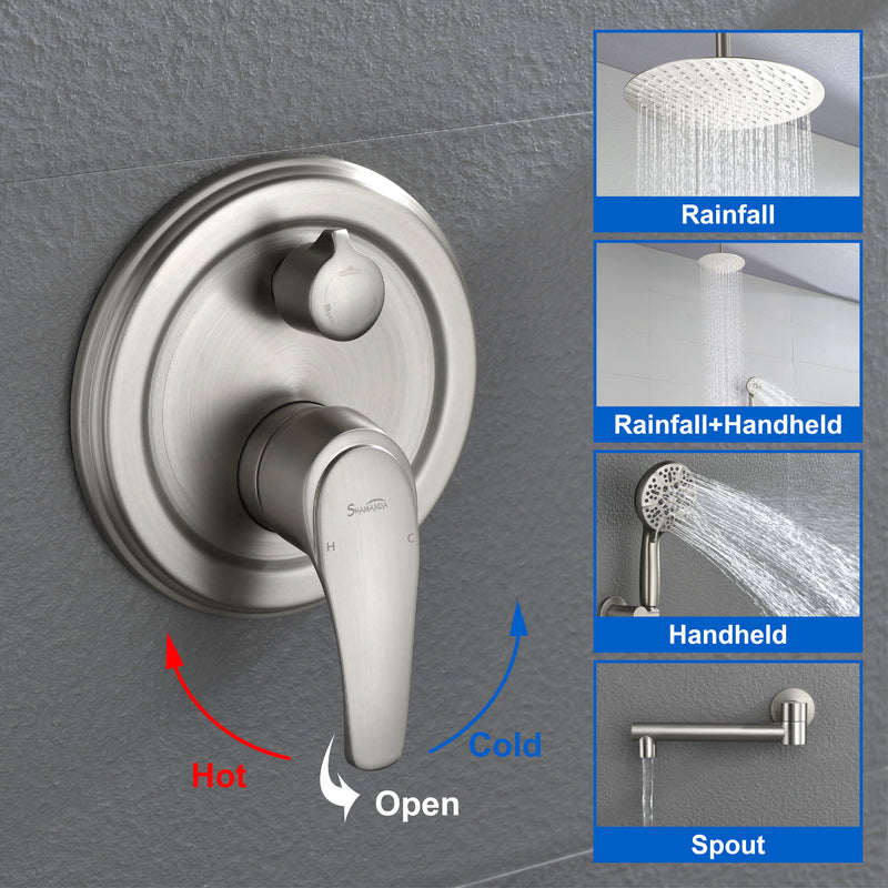 Celling Mounted Tub & Shower Faucet Set Round 12inch Bathroom Rain Shower System with 7 Setting Handheld Shower and 180 Swivel Rotating Tub Spout