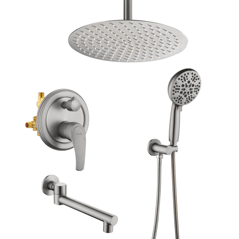 Celling Mounted Tub & Shower Faucet Set Round 12inch Bathroom Rain Shower System with 7 Setting Handheld Shower and 180 Swivel Rotating Tub Spout