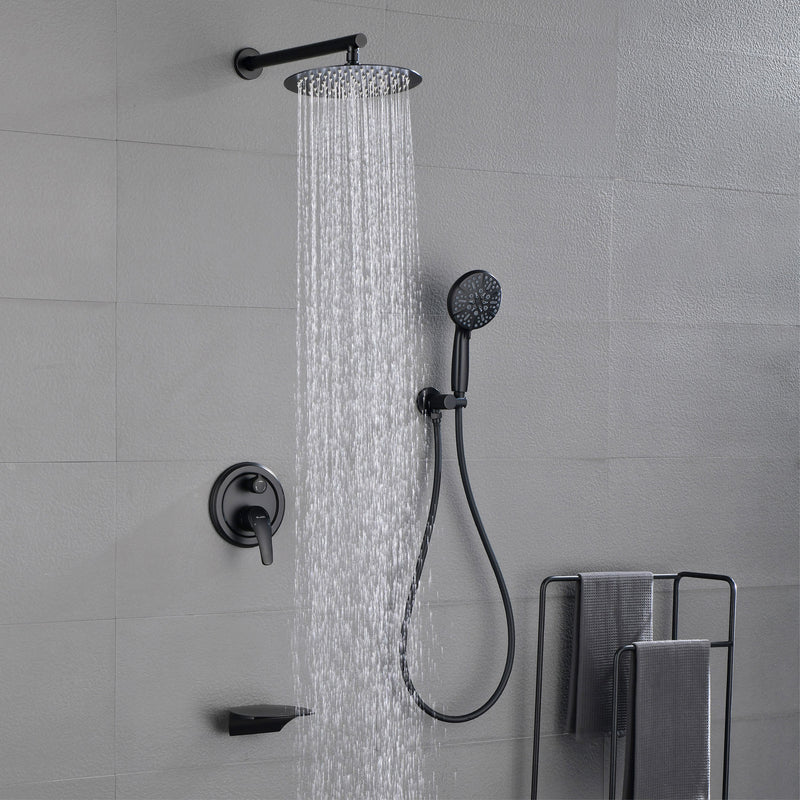 12 Inch Bathroom Shower System, 3-Function Wall Mounted Shower Faucet with Stainless Steel Rain Shower Head, 7 Modes Hand Shower & Waterfall Spout