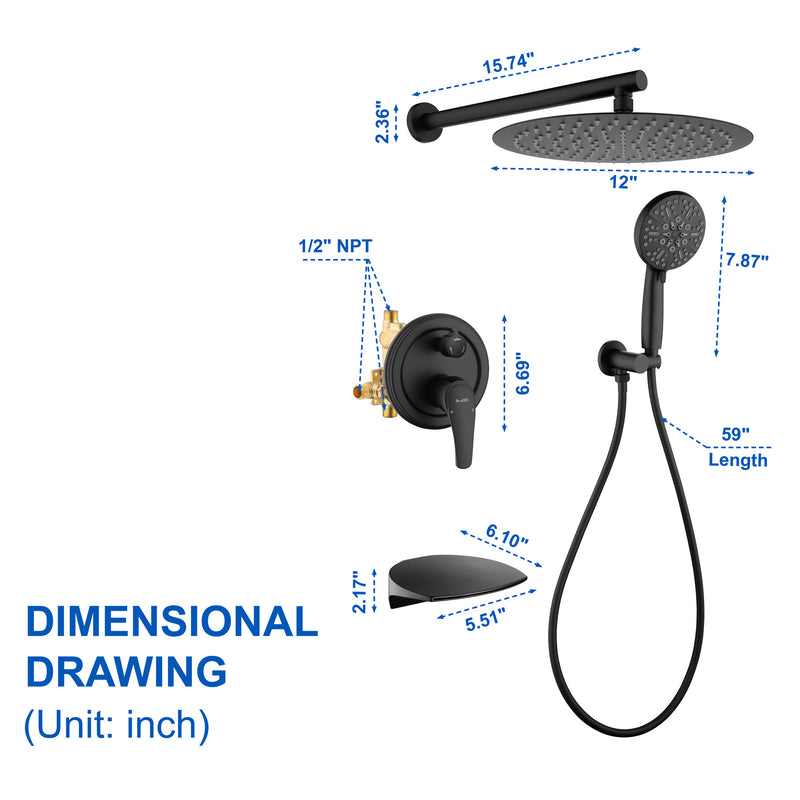 12 Inch Bathroom Shower System, 3-Function Wall Mounted Shower Faucet with Stainless Steel Rain Shower Head, 7 Modes Hand Shower & Waterfall Spout