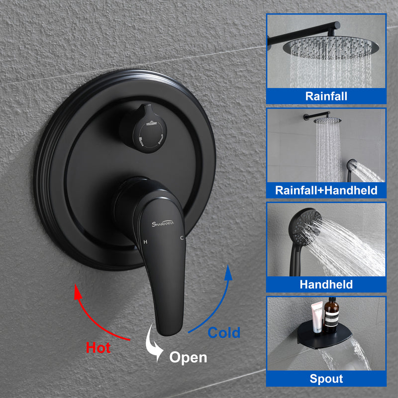 12 Inch Bathroom Shower System, 3-Function Wall Mounted Shower Faucet with Stainless Steel Rain Shower Head, 7 Modes Hand Shower & Waterfall Spout