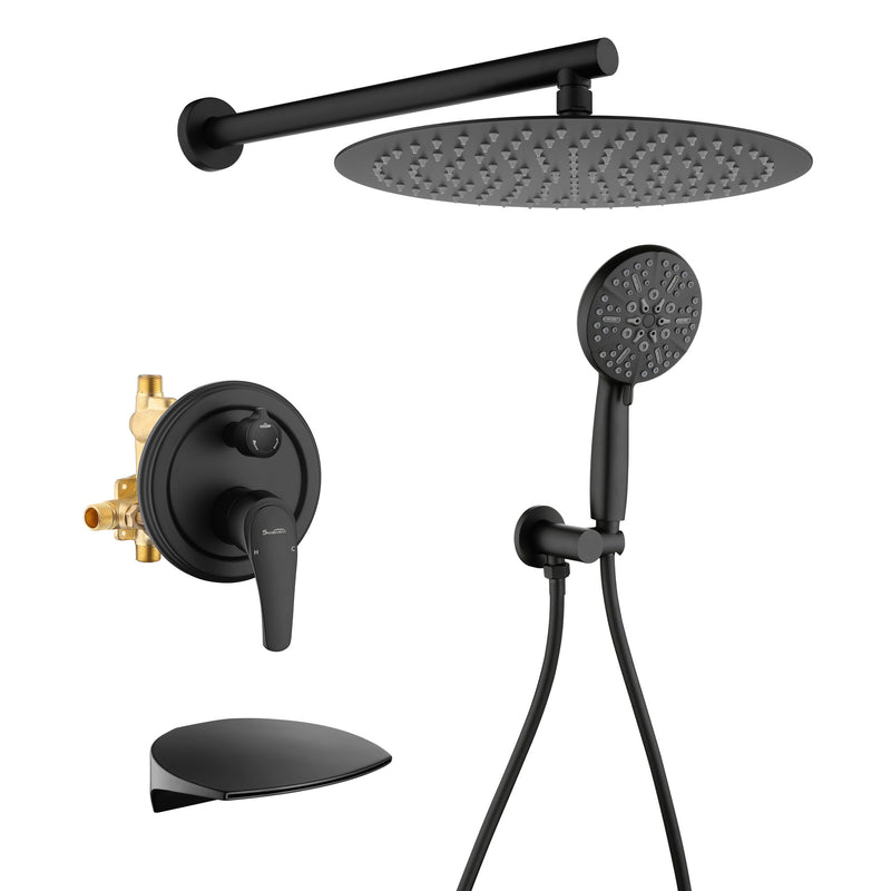 12 Inch Bathroom Shower System, 3-Function Wall Mounted Shower Faucet with Stainless Steel Rain Shower Head, 7 Modes Hand Shower & Waterfall Spout