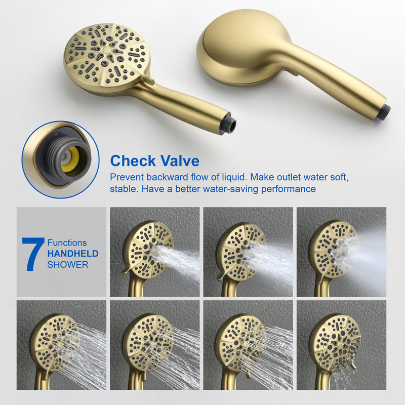 12 Inch Bathroom Shower System, 3-Function Wall Mounted Shower Faucet with Stainless Steel Rain Shower Head, 7 Modes Hand Shower & Waterfall Spout