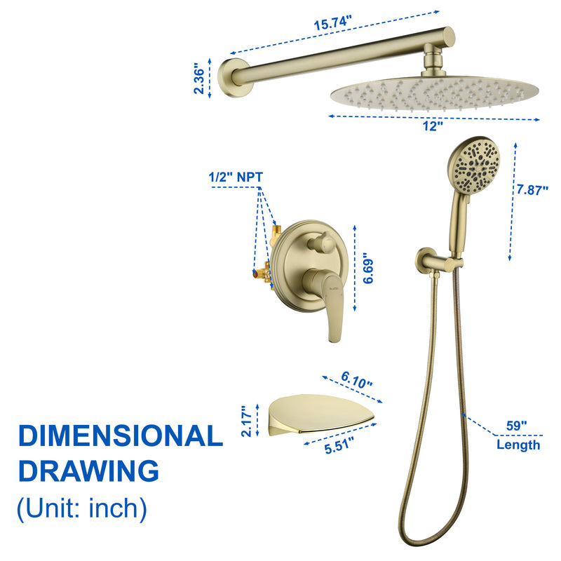 12 Inch Bathroom Shower System, 3-Function Wall Mounted Shower Faucet with Stainless Steel Rain Shower Head, 7 Modes Hand Shower & Waterfall Spout