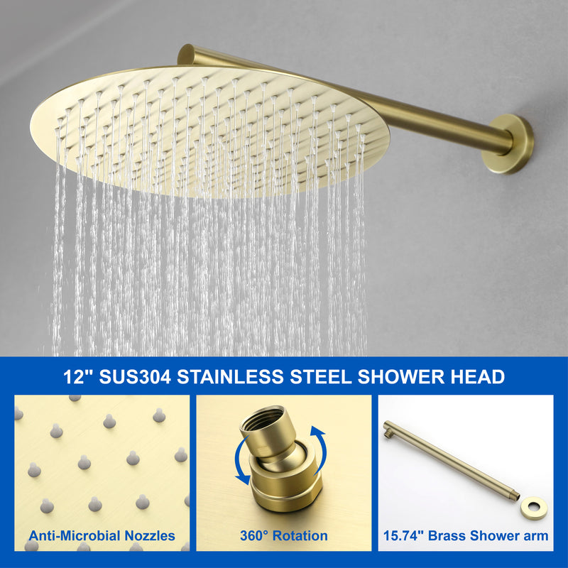 12 Inch Bathroom Shower System, 3-Function Wall Mounted Shower Faucet with Stainless Steel Rain Shower Head, 7 Modes Hand Shower & Waterfall Spout