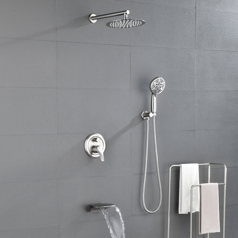 12 Inch Bathroom Shower System, 3-Function Wall Mounted Shower Faucet with Stainless Steel Rain Shower Head, 7 Modes Hand Shower & Waterfall Spout