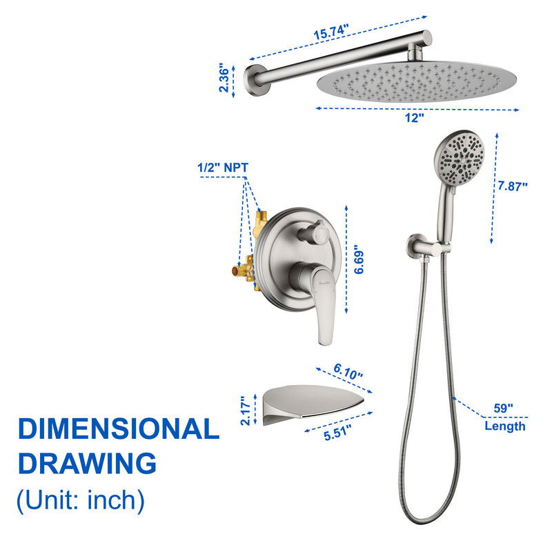 12 Inch Bathroom Shower System, 3-Function Wall Mounted Shower Faucet with Stainless Steel Rain Shower Head, 7 Modes Hand Shower & Waterfall Spout