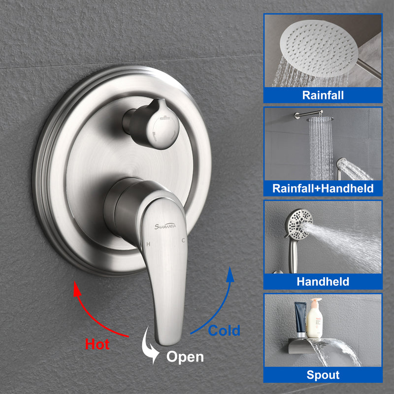 12 Inch Bathroom Shower System, 3-Function Wall Mounted Shower Faucet with Stainless Steel Rain Shower Head, 7 Modes Hand Shower & Waterfall Spout