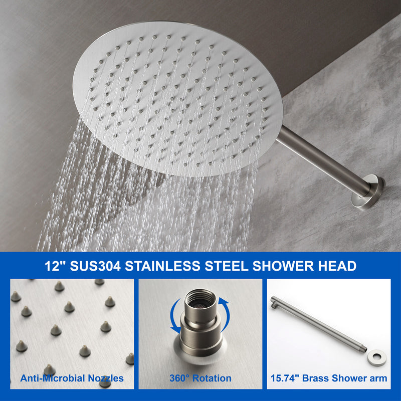 12 Inch Bathroom Shower System, 3-Function Wall Mounted Shower Faucet with Stainless Steel Rain Shower Head, 7 Modes Hand Shower & Waterfall Spout