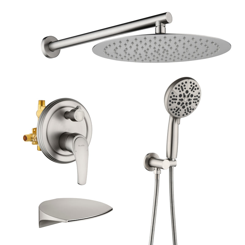 12 Inch Bathroom Shower System, 3-Function Wall Mounted Shower Faucet with Stainless Steel Rain Shower Head, 7 Modes Hand Shower & Waterfall Spout