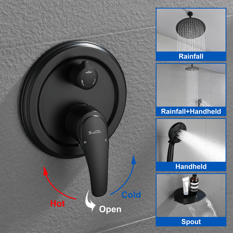 Single Handle 12" Ceiling-Mounted Bath and Shower System Set with 7 Settings Hand Spray, Waterfall Spout
