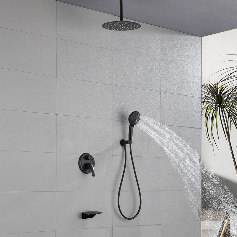 Single Handle 12" Ceiling-Mounted Bath and Shower System Set with 7 Settings Hand Spray, Waterfall Spout