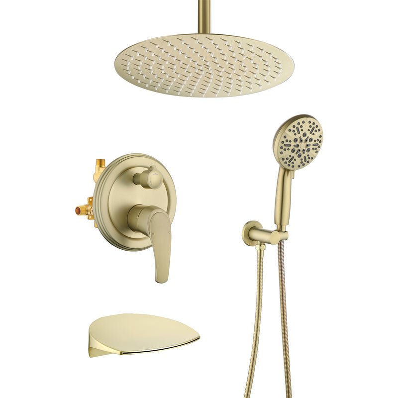 Single Handle 12" Ceiling-Mounted Bath and Shower System Set with 7 Settings Hand Spray, Waterfall Spout