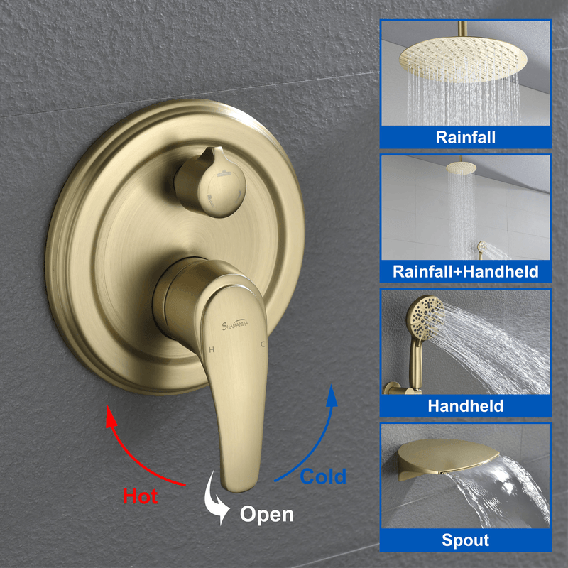 Single Handle 12" Ceiling-Mounted Bath and Shower System Set with 7 Settings Hand Spray, Waterfall Spout