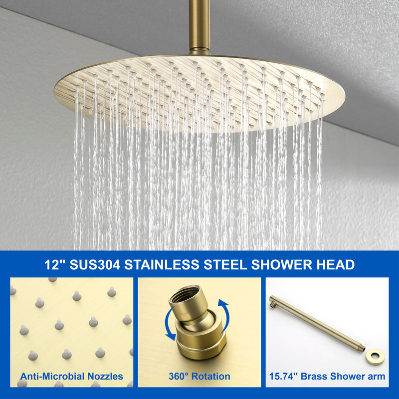 Single Handle 12" Ceiling-Mounted Bath and Shower System Set with 7 Settings Hand Spray, Waterfall Spout