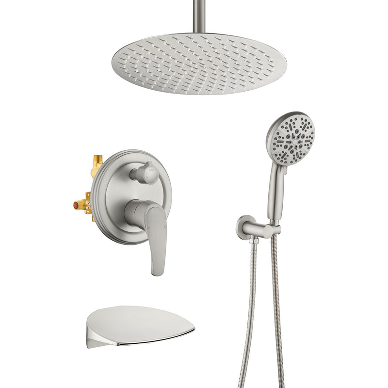 Single Handle 12" Ceiling-Mounted Bath and Shower System Set with 7 Settings Hand Spray, Waterfall Spout