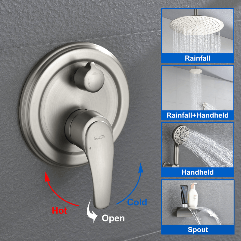 Single Handle 12" Ceiling-Mounted Bath and Shower System Set with 7 Settings Hand Spray, Waterfall Spout