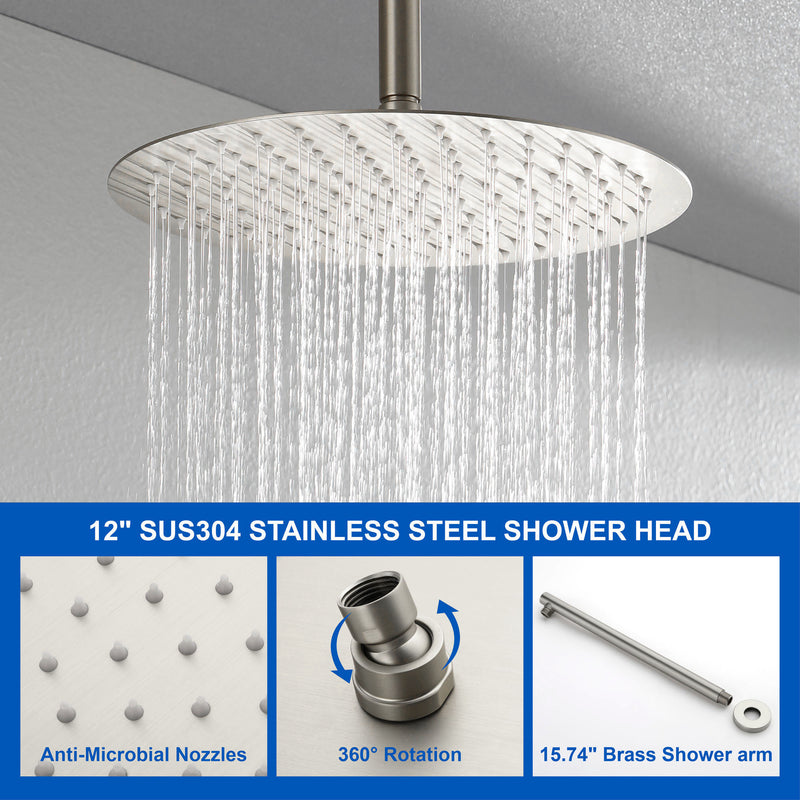 Single Handle 12" Ceiling-Mounted Bath and Shower System Set with 7 Settings Hand Spray, Waterfall Spout