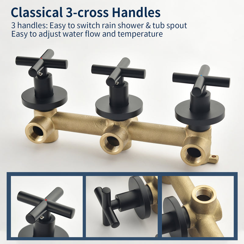 Wall Mounted Three Cross Handles Tub and Shower Faucet Trim with 10-Setting Shower Head