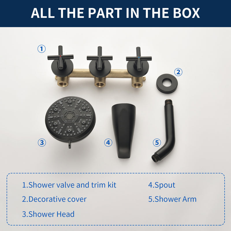 Wall Mounted Three Cross Handles Tub and Shower Faucet Trim with 10-Setting Shower Head