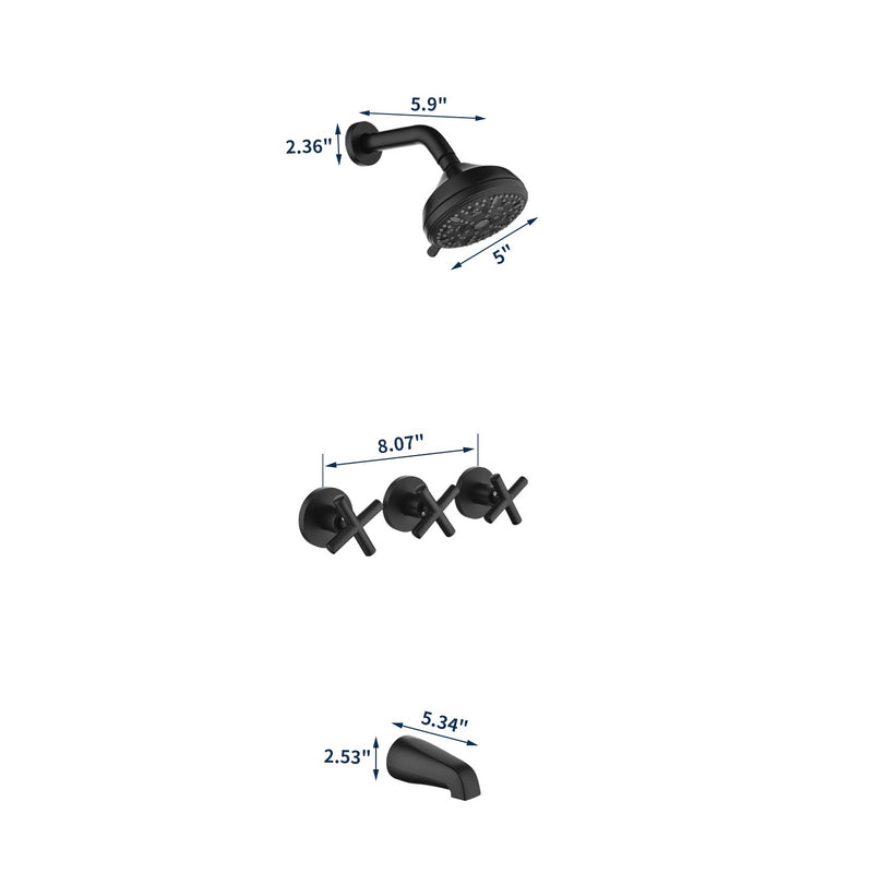 Wall Mounted Three Cross Handles Tub and Shower Faucet Trim with 10-Setting Shower Head