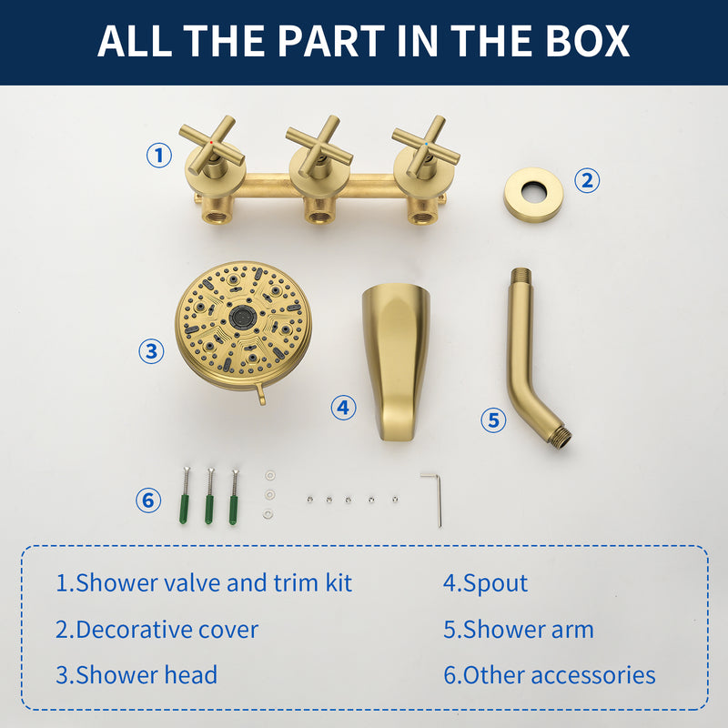 Wall Mounted Three Cross Handles Tub and Shower Faucet Trim with 10-Setting Shower Head