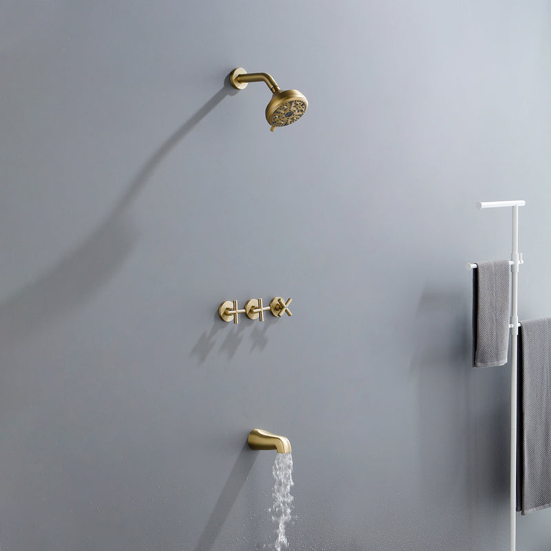 Wall Mounted Three Cross Handles Tub and Shower Faucet Trim with 10-Setting Shower Head