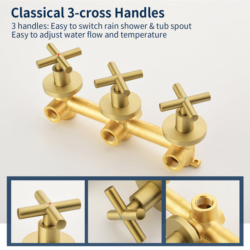 Wall Mounted Three Cross Handles Tub and Shower Faucet Trim with 10-Setting Shower Head