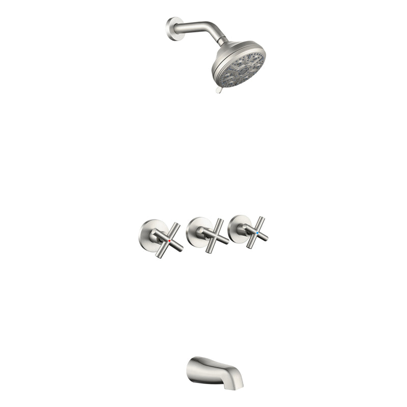 Wall Mounted Three Cross Handles Tub and Shower Faucet Trim with 10-Setting Shower Head