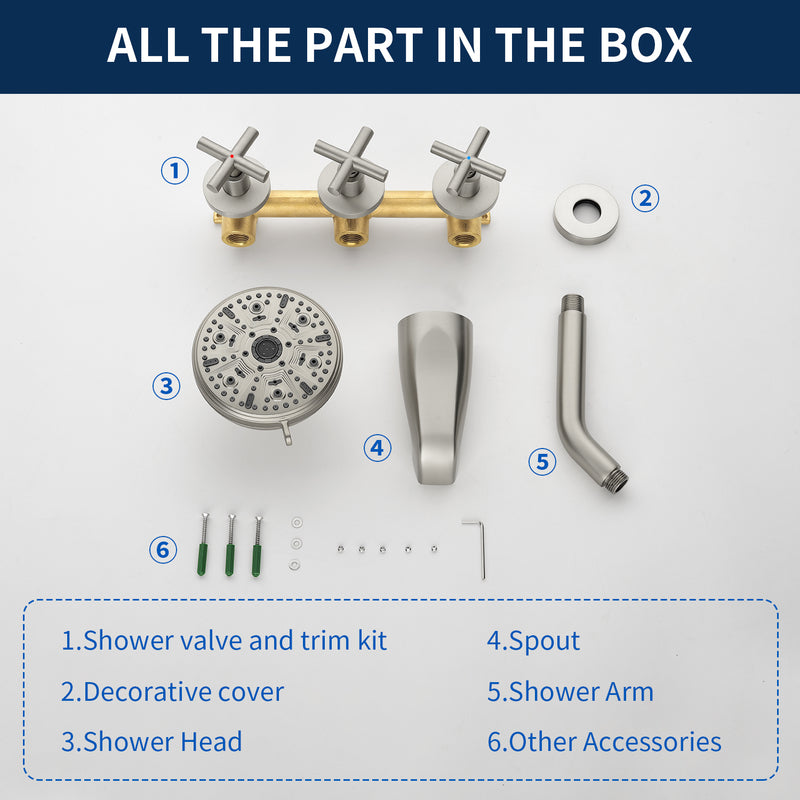 Wall Mounted Three Cross Handles Tub and Shower Faucet Trim with 10-Setting Shower Head