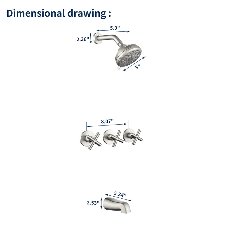 Wall Mounted Three Cross Handles Tub and Shower Faucet Trim with 10-Setting Shower Head