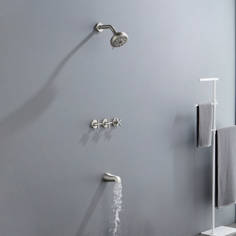 Wall Mounted Three Cross Handles Tub and Shower Faucet Trim with 10-Setting Shower Head