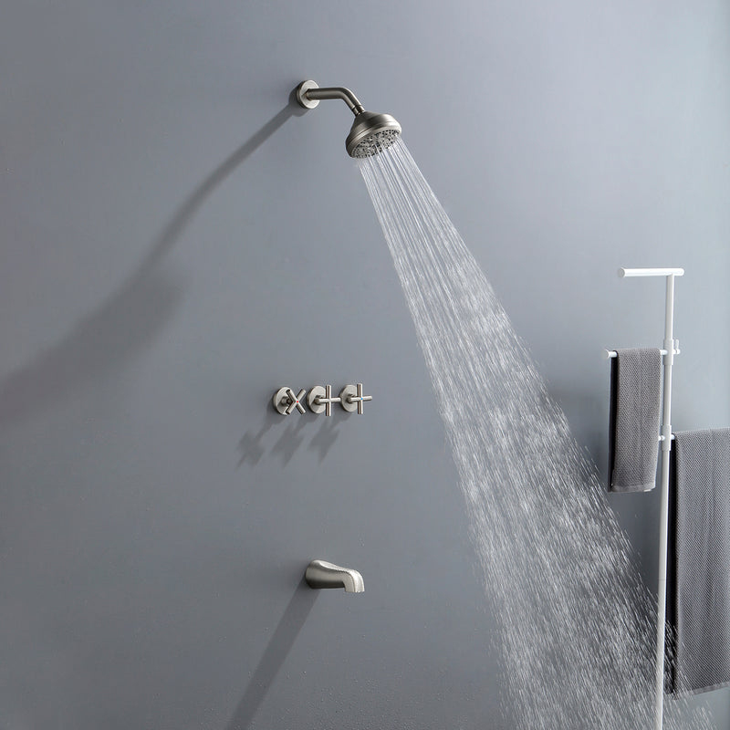 Wall Mounted Three Cross Handles Tub and Shower Faucet Trim with 10-Setting Shower Head
