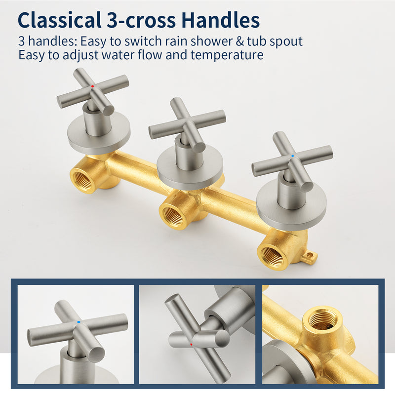 Wall Mounted Three Cross Handles Tub and Shower Faucet Trim with 10-Setting Shower Head